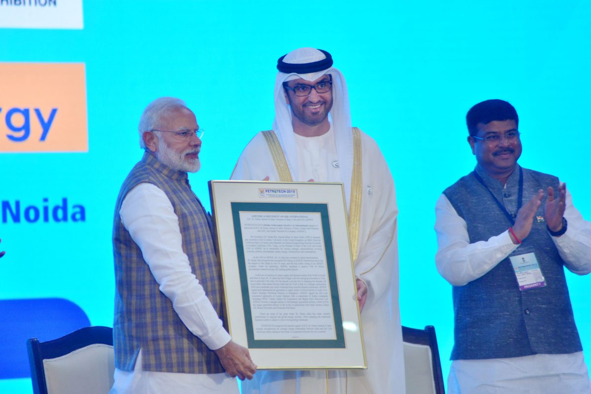 Indian PM Narendra Modi gives ADNOC CEO the "International Lifetime Achievement Award" at Petrotech 2019