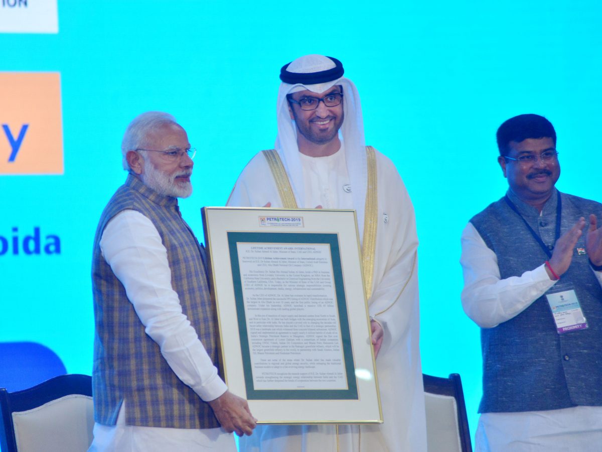 Indian PM Narendra Modi gives ADNOC CEO the "International Lifetime Achievement Award" at Petrotech 2019